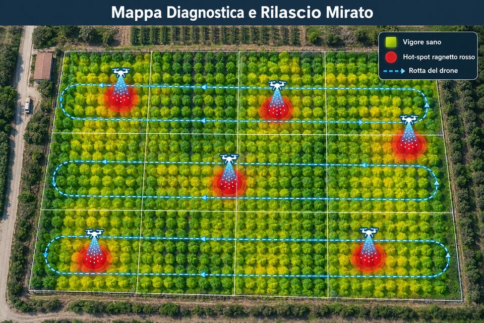 Mappa di vigore con hot-spot del ragnetto rosso e rotte del drone per il rilascio mirato degli acari
