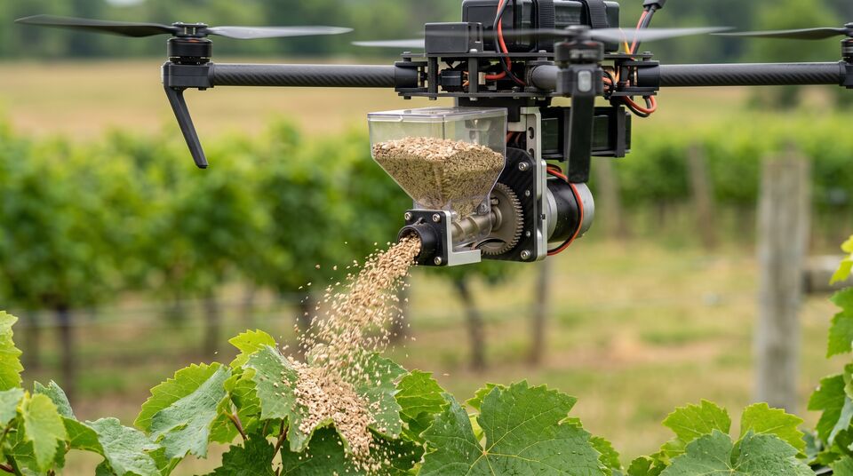 Serbatoio trasparente con vermiculite e coclea di dosaggio montato su un drone per insetti utili