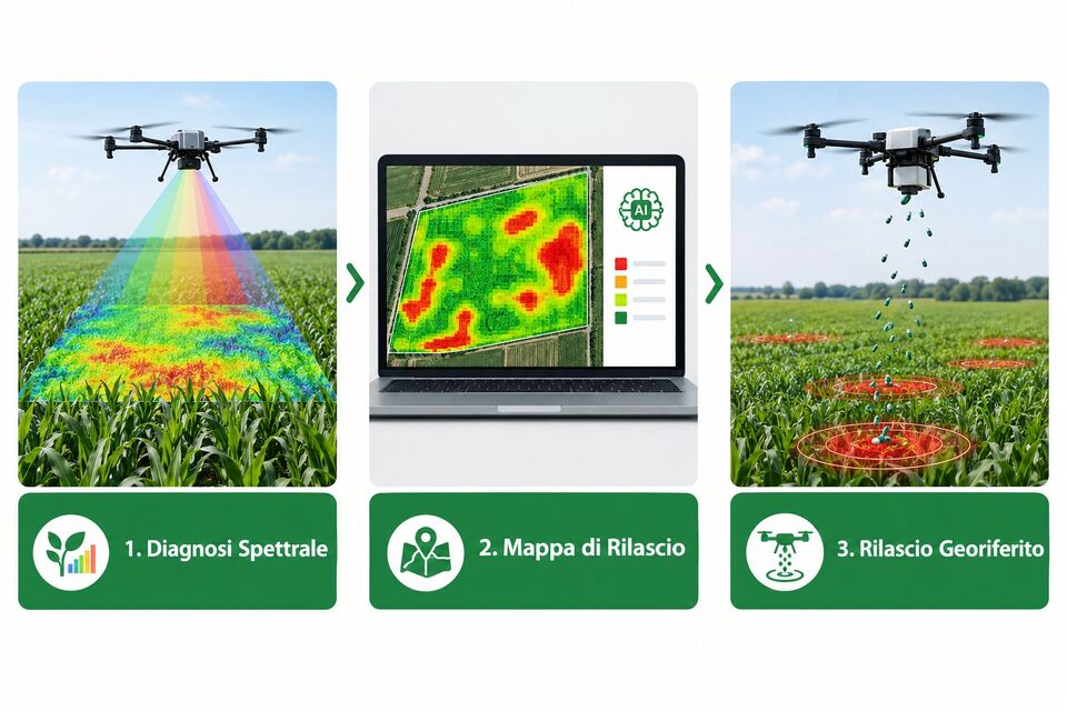 Diagnosi spettrale, mappa di rilascio e rilascio georiferito: il flusso del biocontrollo di precisione