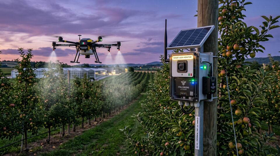 Trappola a feromoni connessa IoT con pannello solare e drone irroratore al crepuscolo in frutteto