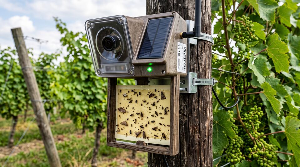 Trappola con camera IoT a energia solare che fotografia la tavola adesiva con insetti catturati in vigneto