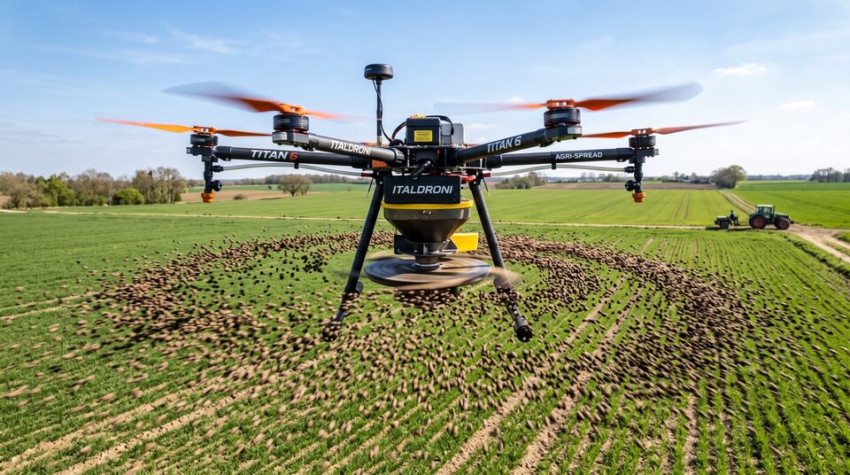Drone ITALDRONI con disco centrifugo sparge granuli su un campo con trattore sullo sfondo