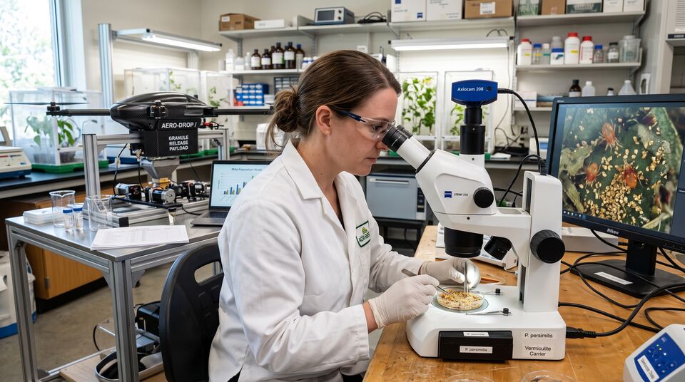 Laboratorio entomologico con stereomicroscopio: verifica della vitalita degli acari in vermiculite