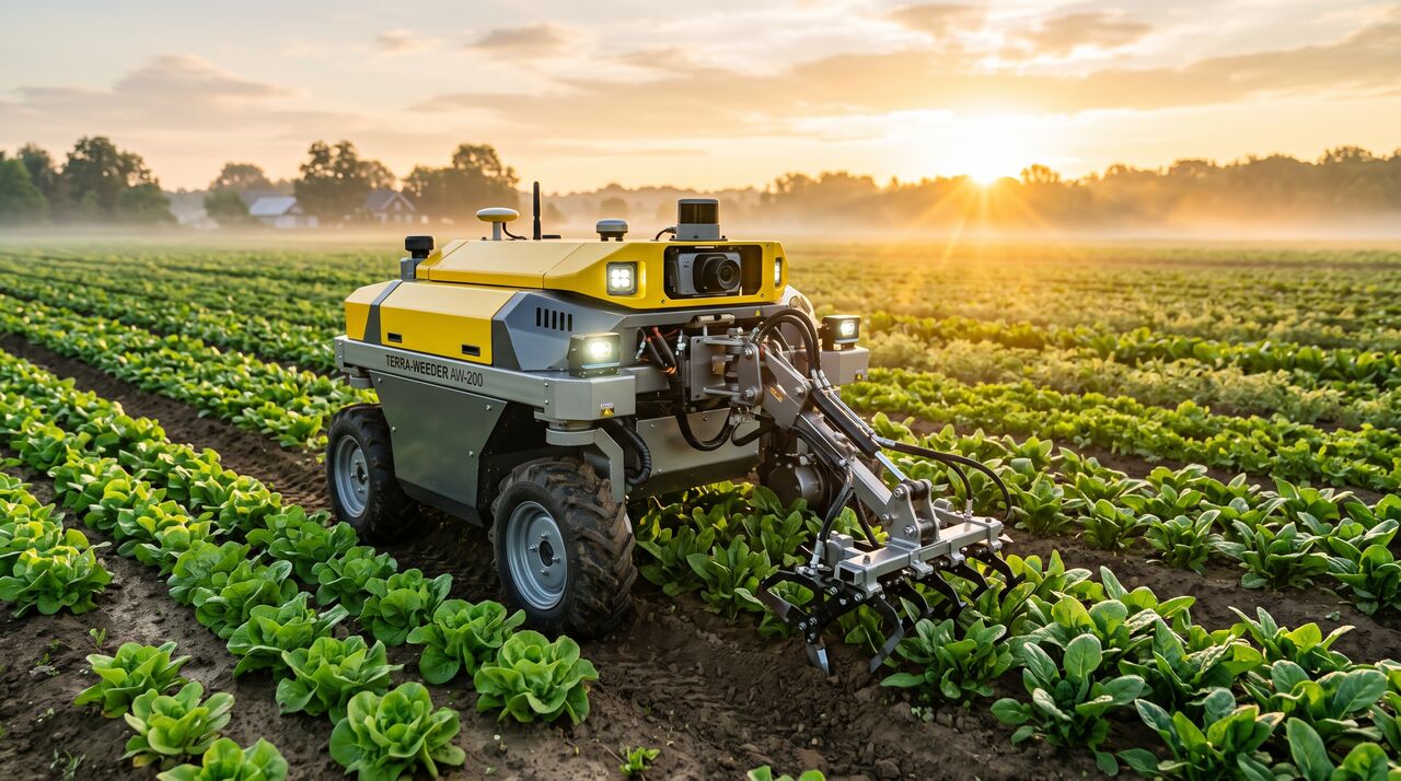 Robot agricolo autonomo per il diserbo meccanico intra-fila al lavoro tra i filari di un orto biologico all'alba