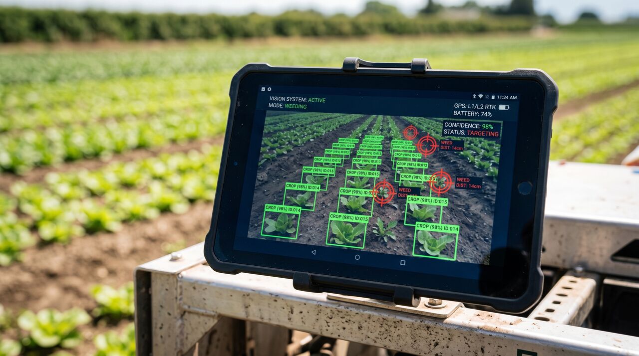 Tablet con sistema di visione artificiale che individua le infestanti tra le colture in tempo reale durante il diserbo di precisione