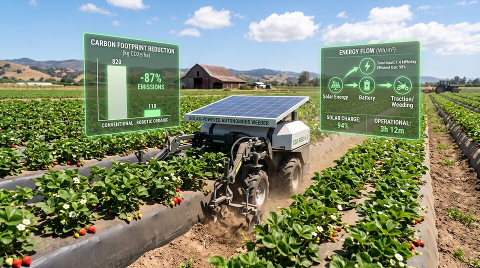 Robot diserbatore solare autonomo tra le file di fragole con dati di emissioni e flusso energetico