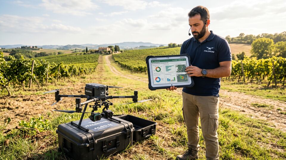 Tecnico con tablet mostra la dashboard LCA ambientale accanto a un drone ITALDRONI AGRO-M in vigneto