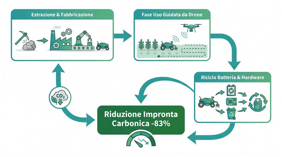 Ciclo di vita del robot diserbatore: estrazione e fabbricazione, uso guidato da drone e riciclo batteria