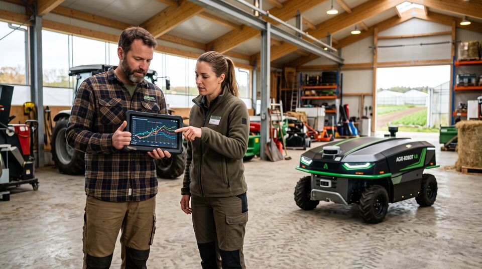Agricoltori analizzano i costi su tablet accanto al robot diserbatore AGRI-ROBOT 4.0 nel capannone