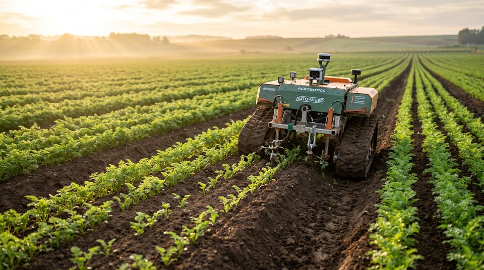 Robot sarchiatore autonomo su cingoli tra le file di carote all'alba con attrezzi interfila