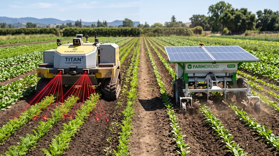 Robot laser weeder FARMwise TITAN7 e sarchiatrice solare FARMDROID FD20 a confronto tra le file di ortaggi