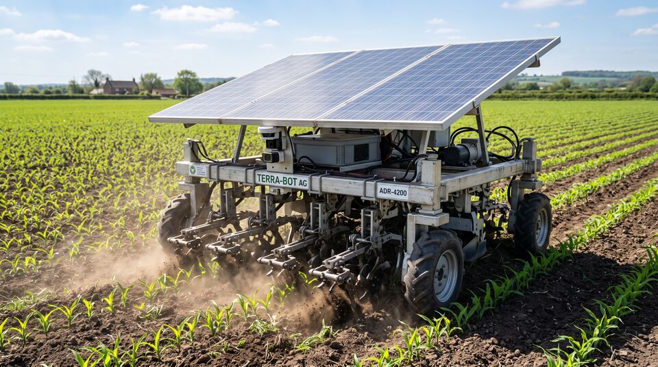 Robot agricolo TERRA-BOT AG con pannello solare e attrezzi in lavorazione tra le file di mais