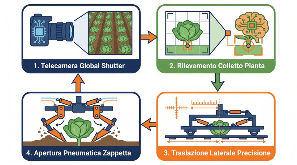 Schema zappetta robotica in orticola: telecamera global shutter, rilevamento colletto e apertura pneumatica