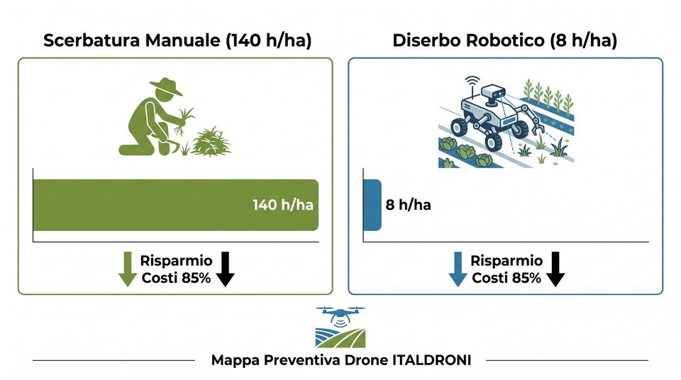 Confronto tempi di scerbatura manuale 140 h/ha e diserbo robotico 8 h/ha in colture orticole biologiche