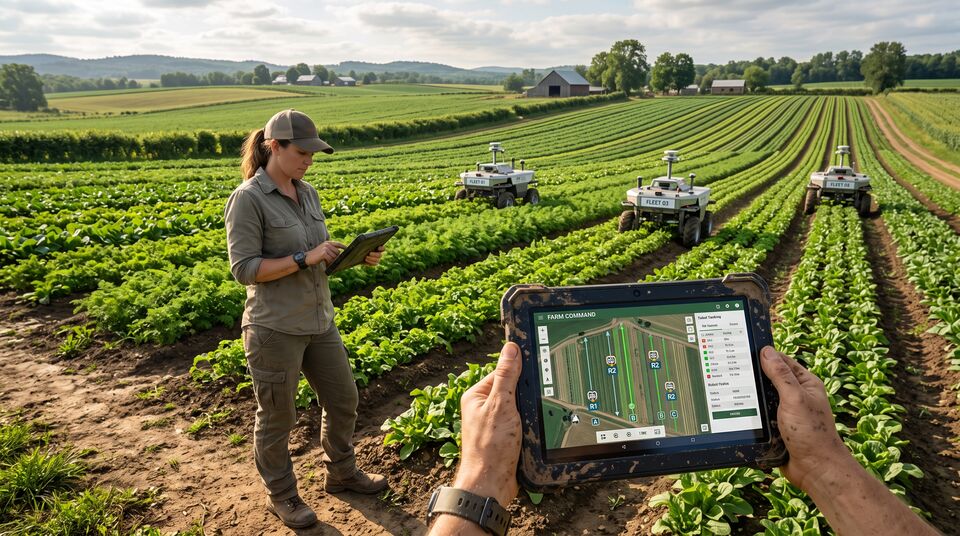 Tecnica con tablet supervisiona una flotta di robot diserbanti in campo di insalata, agricoltura di precisione