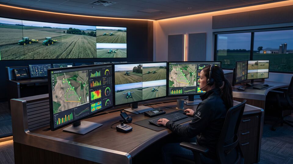 Sala di controllo agricola con monitor delle flotte robotiche, mappe NDVI e video dai campi in tempo reale