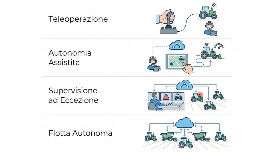 Livelli di autonomia dei robot agricoli: dalla teleoperazione alla flotta autonoma coordinata via cloud
