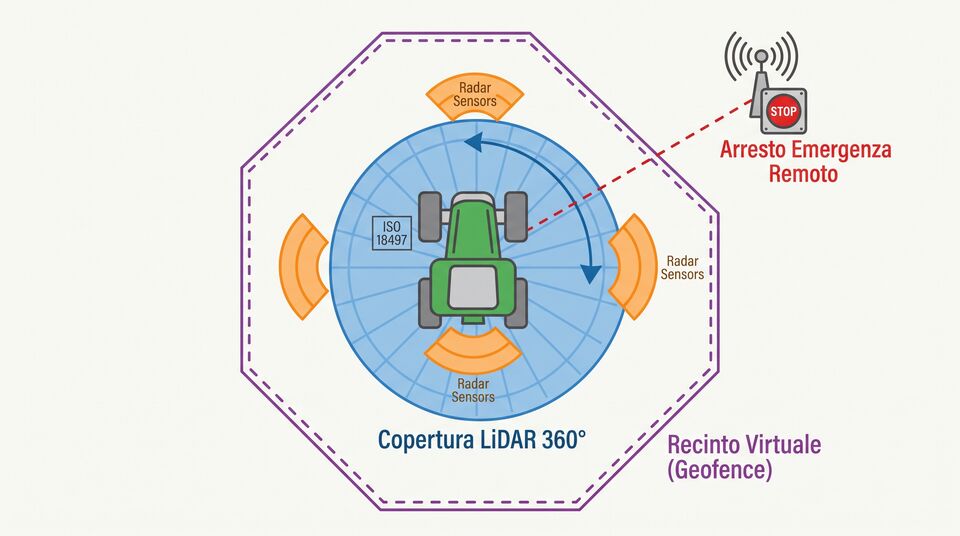 Sicurezza del robot agricolo: LiDAR 360 gradi, radar, recinto virtuale geofence e arresto emergenza remoto