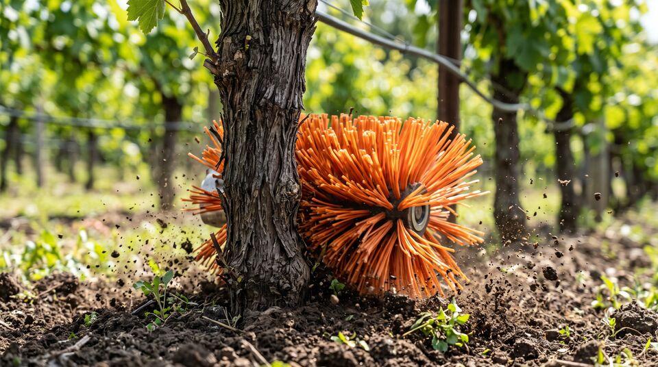 Spazzola rotante arancione del robot diserbante lavora a contatto col tronco nel vigneto biologico