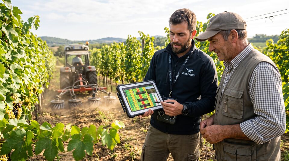 Agronomo e viticoltore confrontano la mappa di prescrizione accanto al robot di lavorazione interfilare