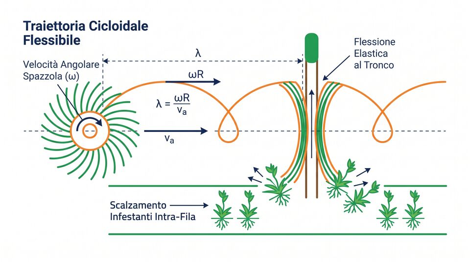 Schema traiettoria cicloidale della spazzola: velocità angolare, flessione elastica al tronco, scalzamento