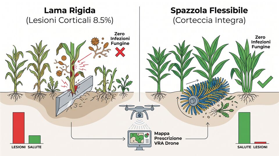 Confronto lama rigida con lesioni corticali e spazzola flessibile che preserva la corteccia dalle infezioni