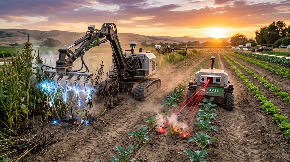 Due robot diserbanti a scariche elettriche e laser lavorano l'interfila al tramonto senza erbicidi chimici