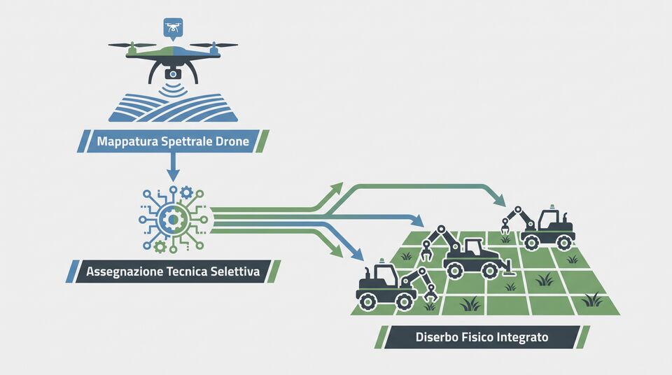 Schema workflow: mappatura spettrale drone, assegnazione tecnica selettiva e diserbo fisico integrato