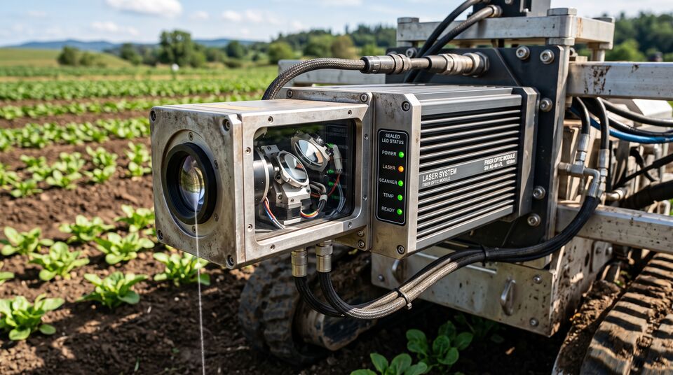 Modulo laser a fibra su robot agricolo con LED di stato, ottica di puntamento e piantine in campo