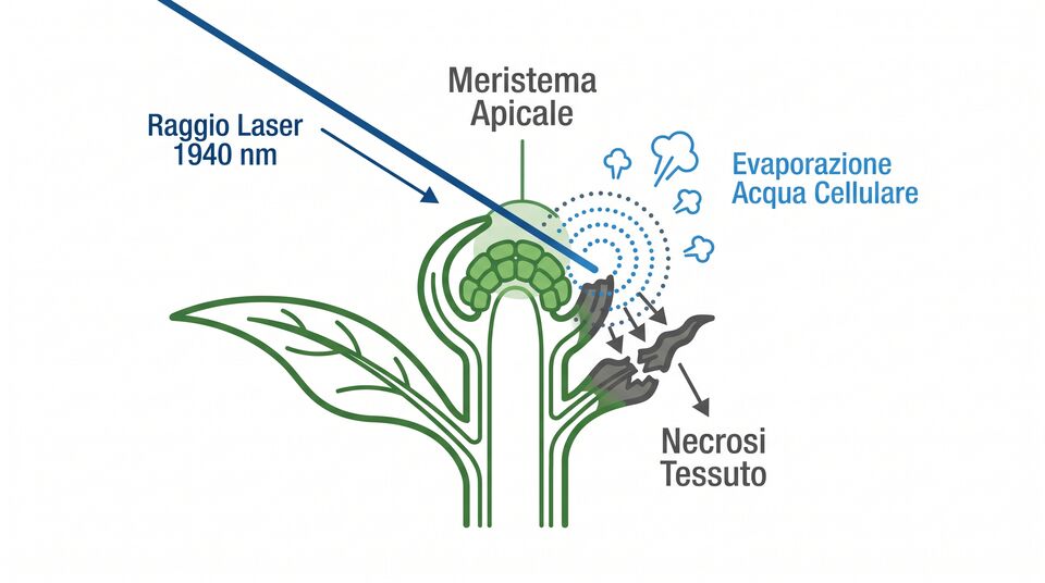 Schema azione laser 1940 nm sul meristema apicale: evaporazione dell'acqua cellulare e necrosi del tessuto