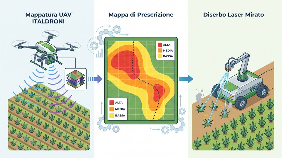 Workflow diserbo laser: mappatura UAV, mappa di prescrizione a zone e robot con raggio mirato su infestanti