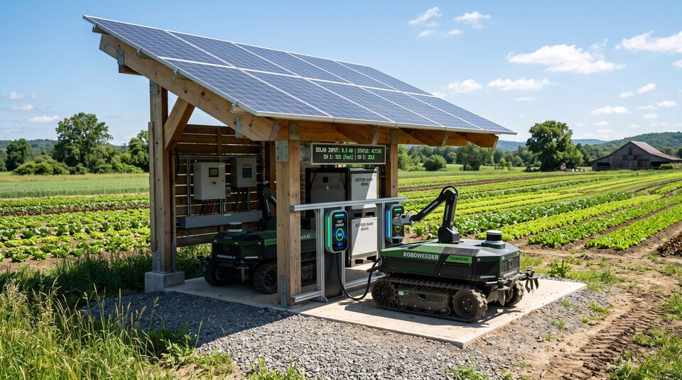 Stazione di ricarica solare per robot agricoli con pannello fotovoltaico, colonnine fast charger e rover