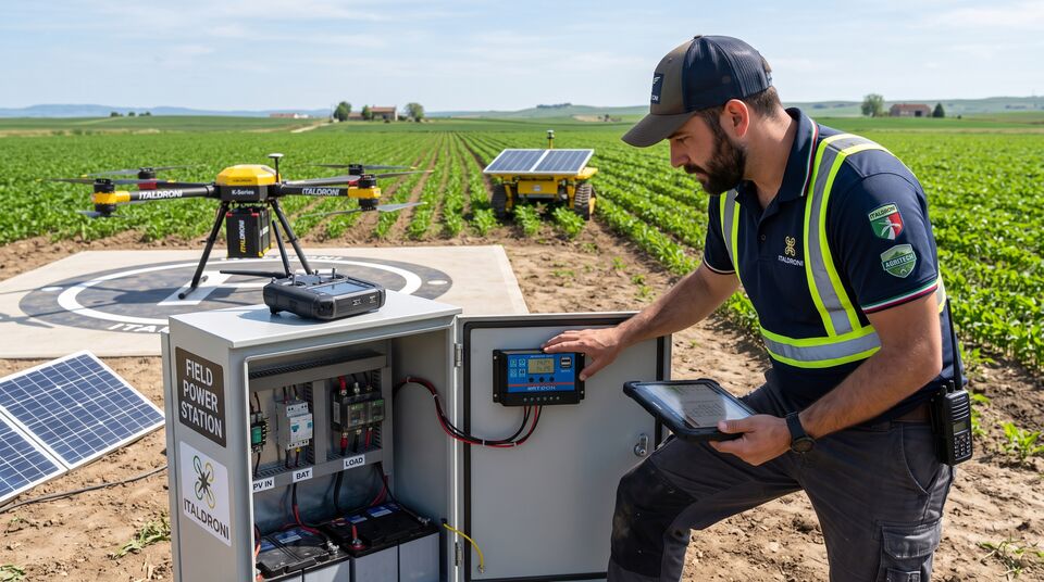 Tecnico controlla la field power station fotovoltaica con batterie che alimenta drone e robot in campo