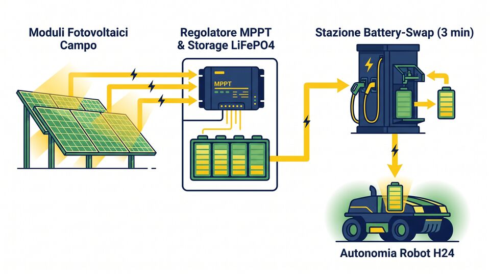 Schema impianto energetico: moduli fotovoltaici, regolatore MPPT con storage LiFePO4 e stazione battery-swap