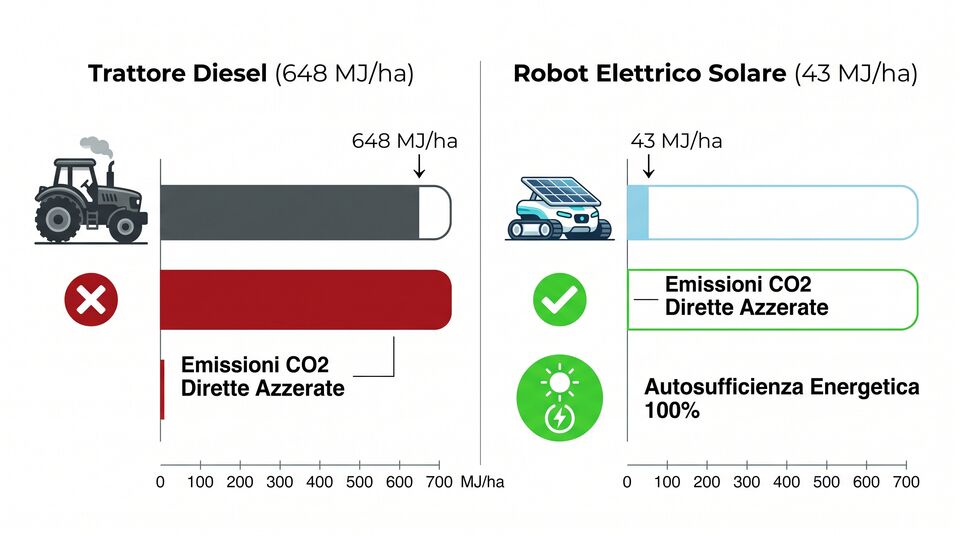 Confronto energetico: trattore diesel 648 MJ/ha contro robot elettrico solare 43 MJ/ha, CO2 azzerata
