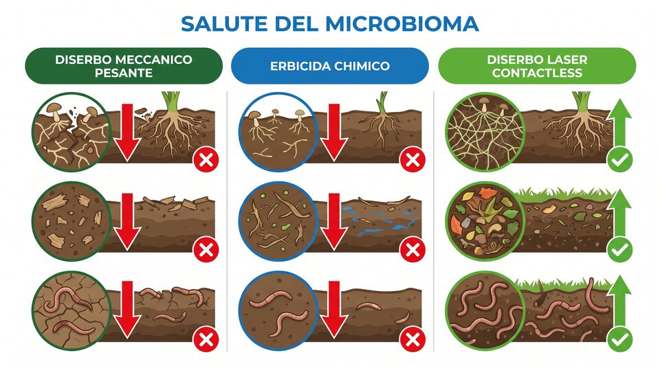 Infografica salute del microbioma: diserbo meccanico pesante, erbicida chimico e laser contactless a confronto
