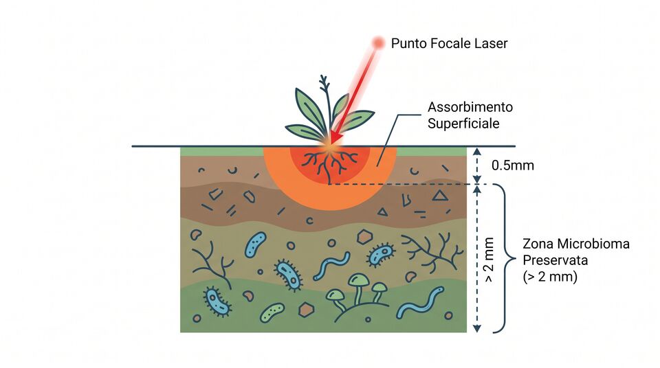 Schema assorbimento superficiale del laser nei primi mezzi millimetro di suolo, microbioma preservato