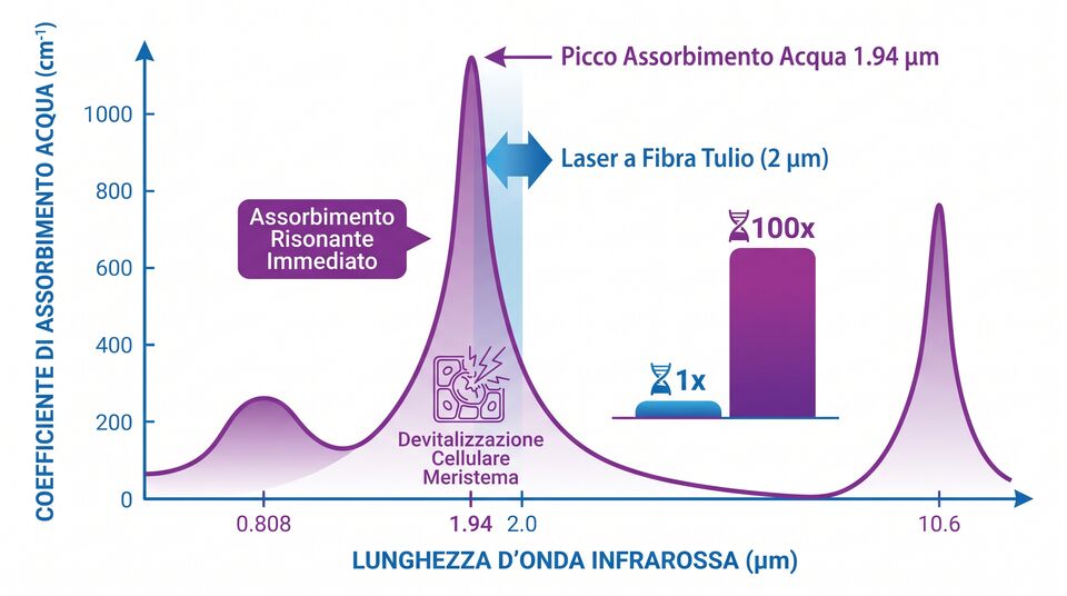 Curva di assorbimento dell'acqua all'infrarosso con picco a 1,94 µm e finestra del laser a fibra tulio