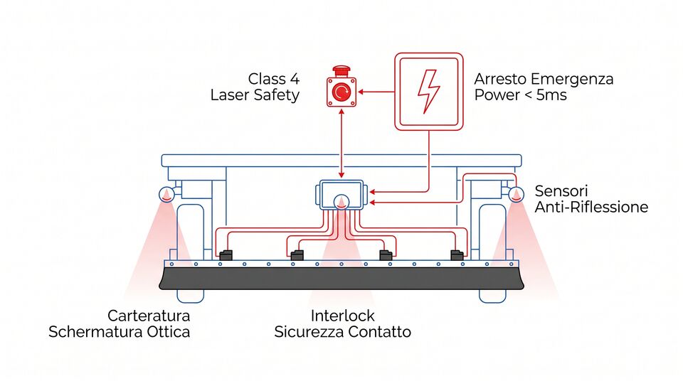 Schema sicurezza laser di classe 4: carteratura ottica, interlock, sensori antiriflessione e arresto