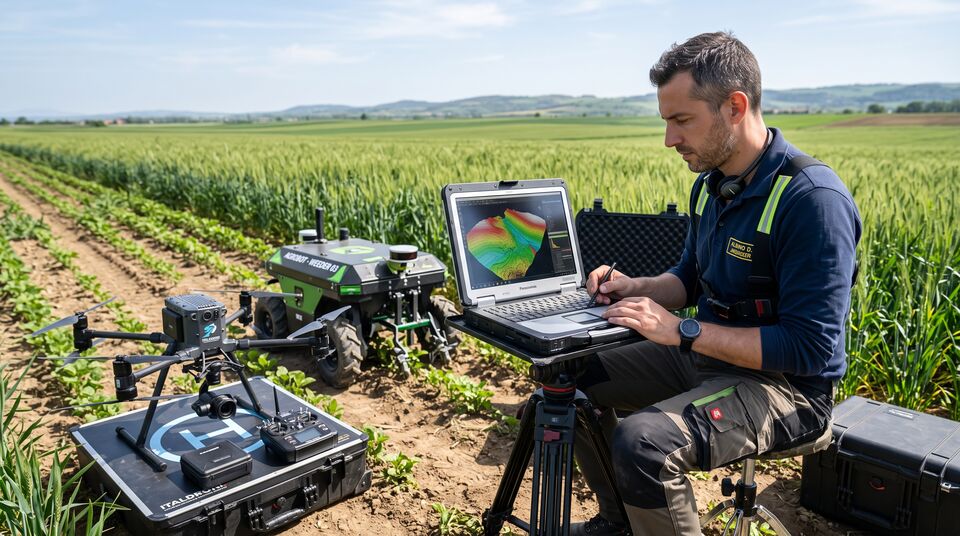 Tecnico con laptop e modello digitale del terreno accanto a drone e robot in campo di frumento