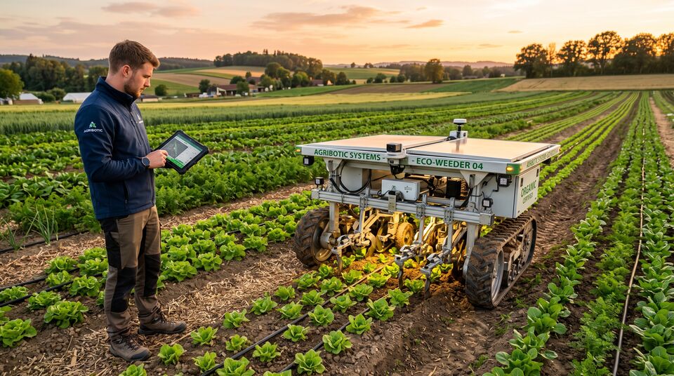 Operatore supervisiona il robot diserbante elettrico mentre lavora tra le file di lattuga al tramonto