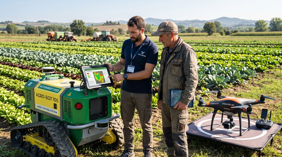 Tecnico e agricoltore con mappa di prescrizione accanto a robot autonomo e drone per il diserbo di precisione