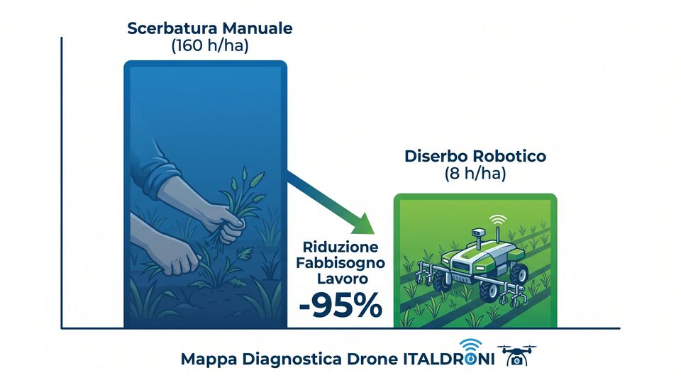 Grafico fabbisogno di lavoro: scerbatura manuale 160 ore per ettaro contro 8 ore del diserbo robotico