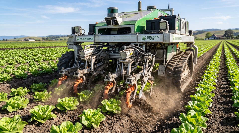 Robot diserbante con zappette rotanti lavora intra-fila tra lattughe senza danneggiare le piante