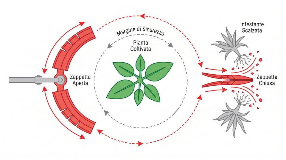 Schema zappetta pneumatica: margine di sicurezza attorno alla pianta coltivata e infestante scalzata