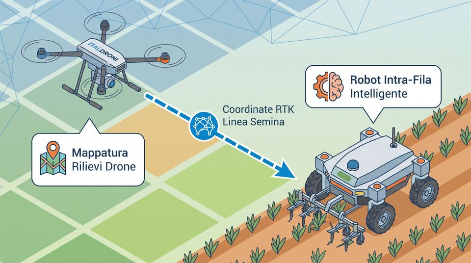 Robot intra-fila segue la linea di semina via coordinate RTK fornite dalla mappatura del drone