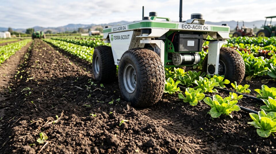 Robot agricolo elettrico leggero con ruote larghe transita tra le file di lattuga riducendo la compattazione