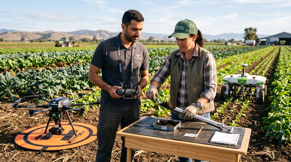 Agronomi campionano il suolo con sonda manuale accanto a drone e robot leggero in campo biologico