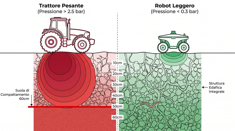 Sezione suolo: pressione del trattore pesante con suola di compattamento a 60 cm contro robot leggero