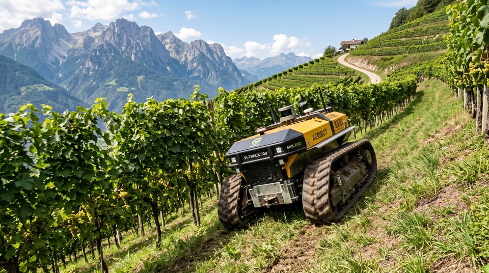 Robot cingolato per vigneti in pendenza lavora l'interfila su terrazzamenti di montagna